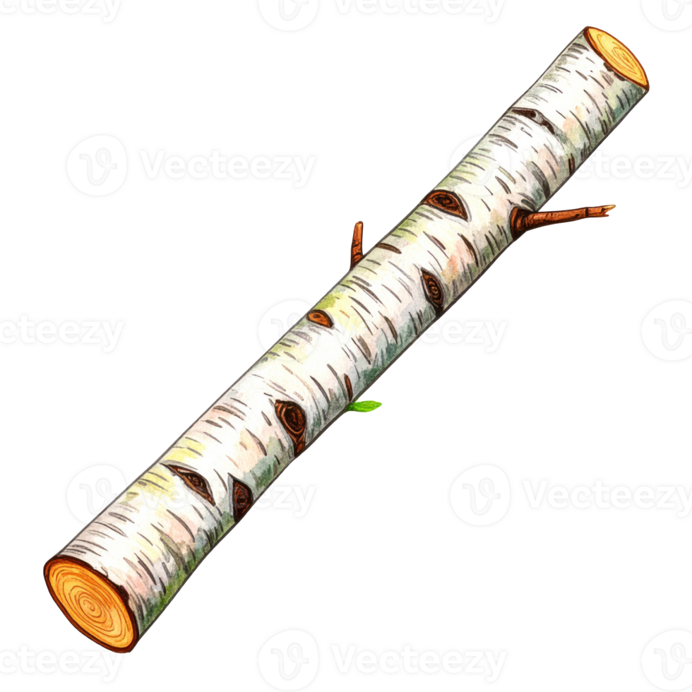 Birch Branch Illustration with White Bark and Green Leaf png