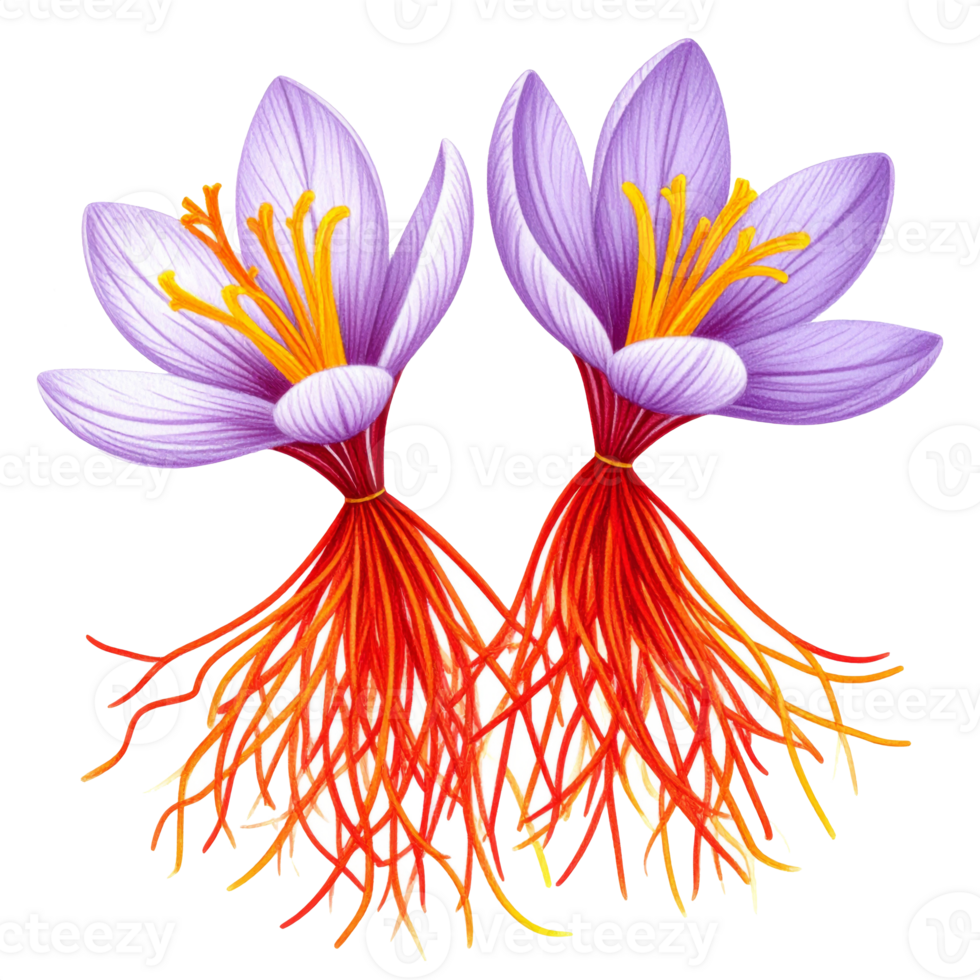 Two Purple Saffron Crocus Flowers with Red Stigmas png