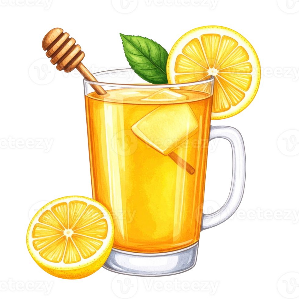 Honey Lemon Tea in Glass Mug with Ice Cubes png