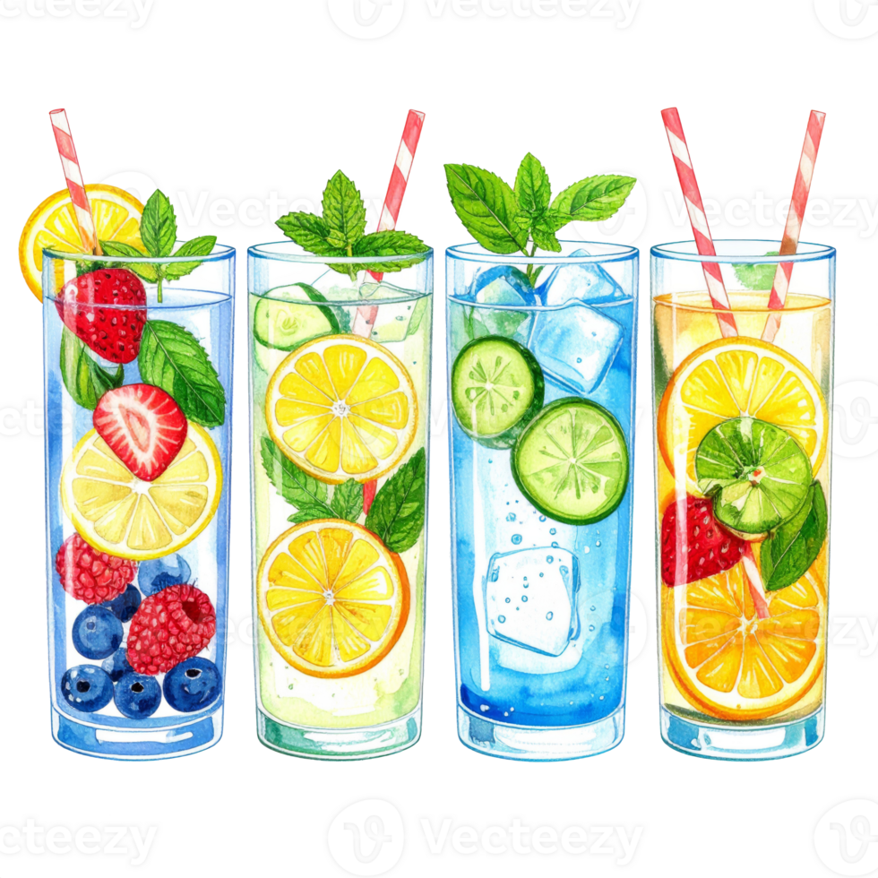 Four Colorful Refreshing Fruit Infused Water Glasses png