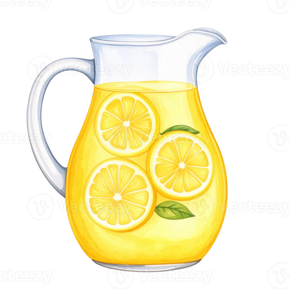 Yellow Lemonade in Glass Pitcher with Lemon Slices png