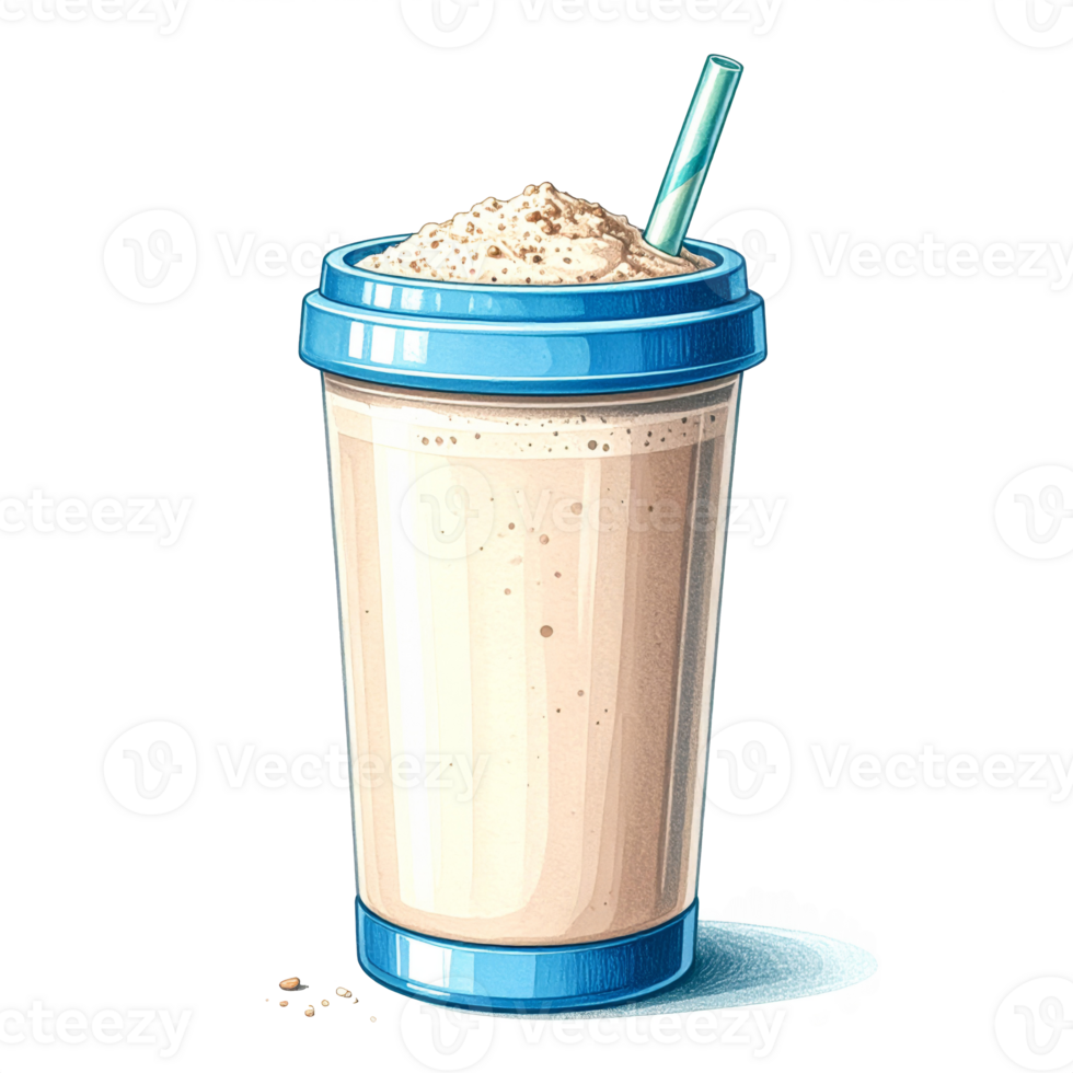 Creamy Beige Milkshake in Blue Cup with Straw png