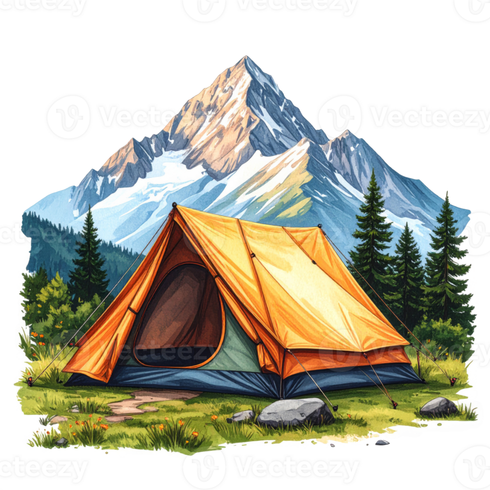 Orange Tent Near Snowcapped Mountain in Green Forest png