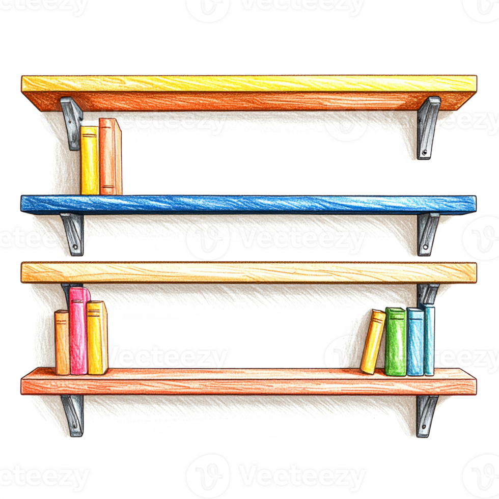 Colorful Wooden Shelves with Books on Transparent Background png