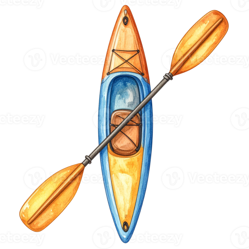Yellow and Blue Kayak with Two Paddles Watercolor Illustration png