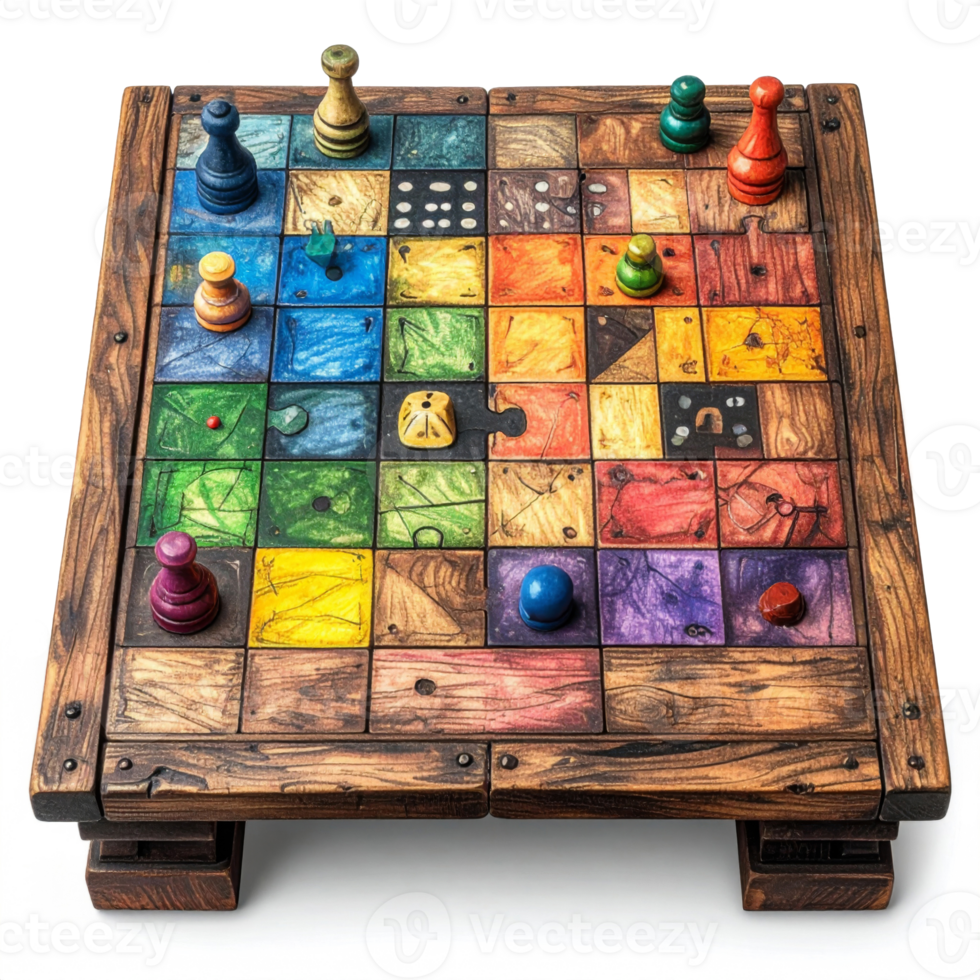 Colorful Wooden Strategy Board Game with Tiles and Pieces png