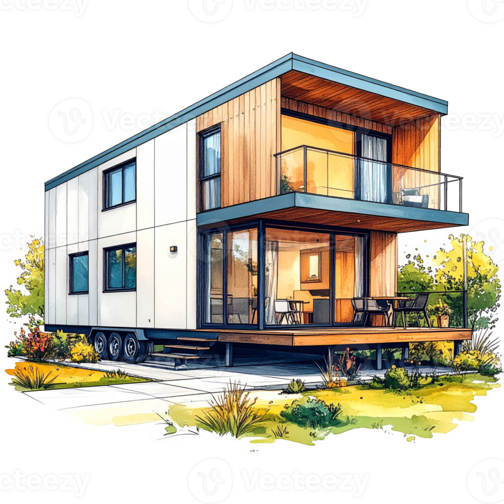 Modern Two Story Tiny House with Deck and Balcony png