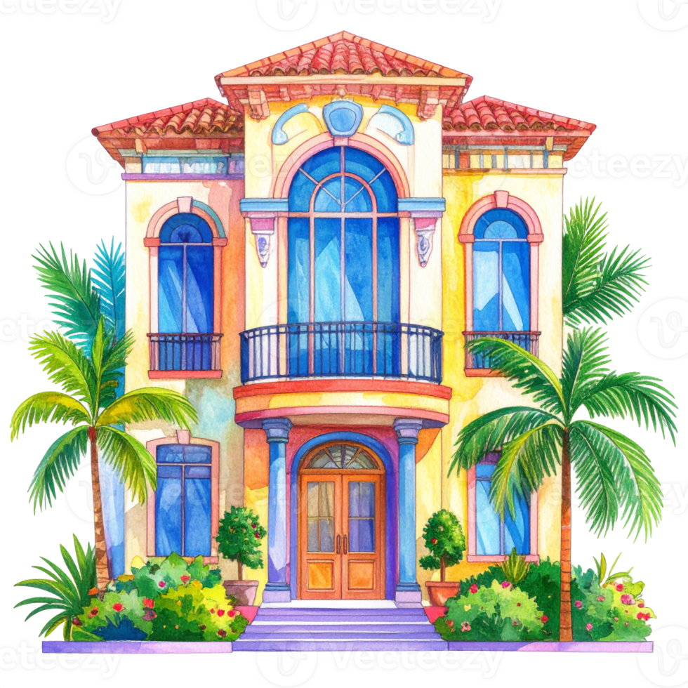 Watercolor Painting of a Yellow Mediterranean Style House png