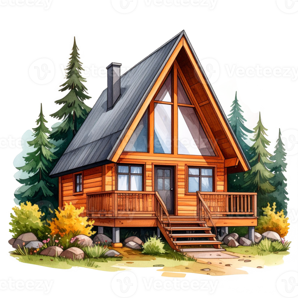 A Frame Wooden Cabin in Mountain Setting png
