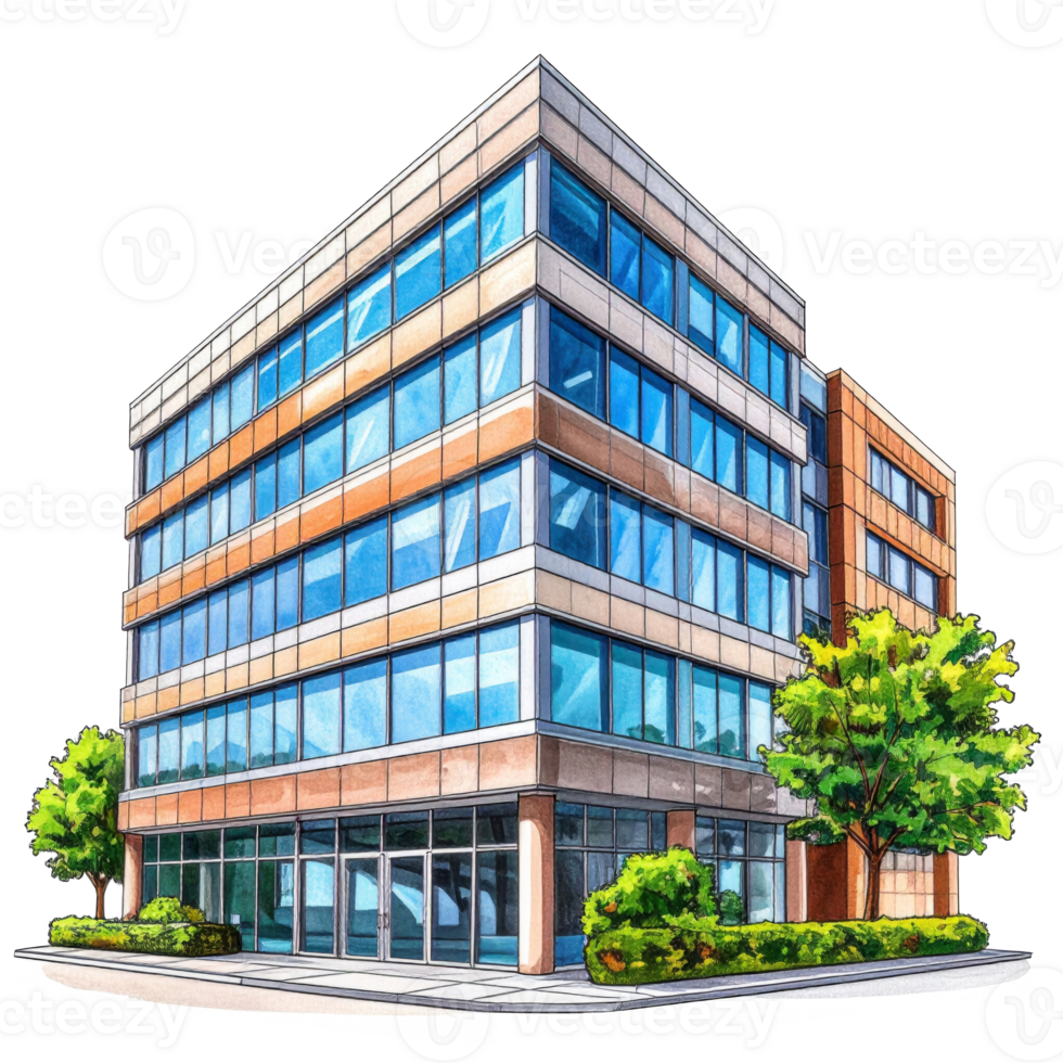Modern Office Building Illustration with Trees png