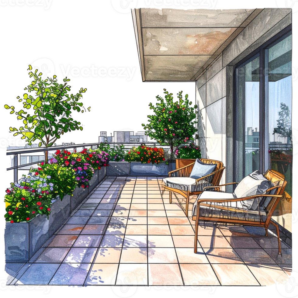 Sunny City Balcony with Blooming Flowers and Comfortable Chairs png