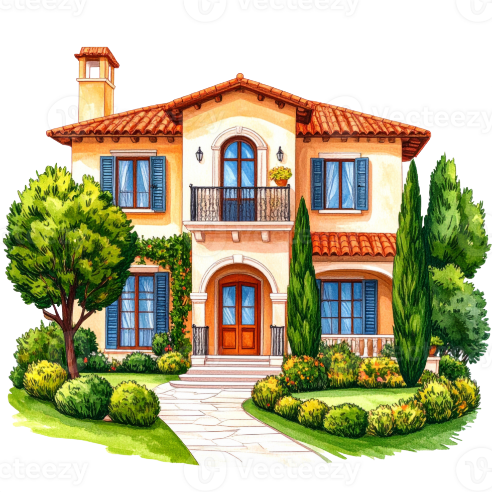 Mediterranean Style Villa Watercolor Illustration png