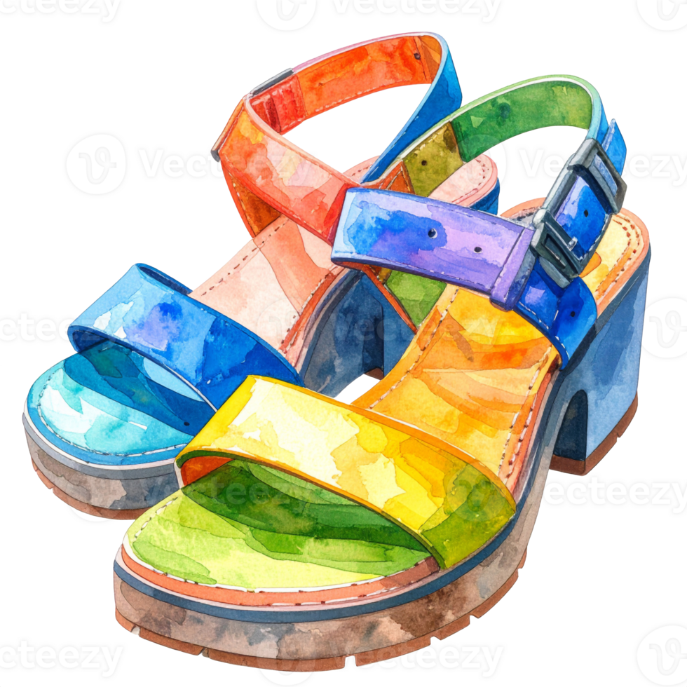 Colorful Watercolor Rainbow Sandals on Transparent Background png