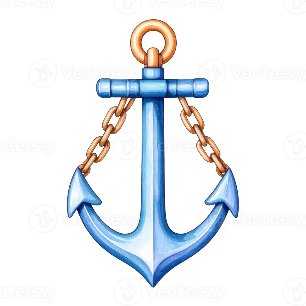 Blue Watercolor Anchor with Gold Chain on Transparent Background png