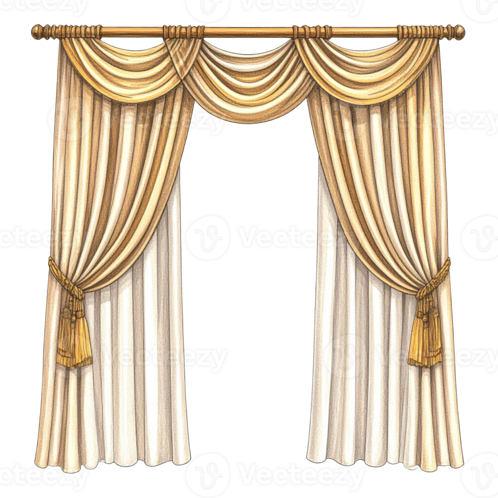 Elegant Gold and Beige Curtains with Valance and Tassels png