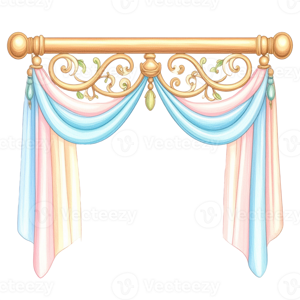 Pastel Pink Blue Curtains With Gold Rod and Ornate Design png