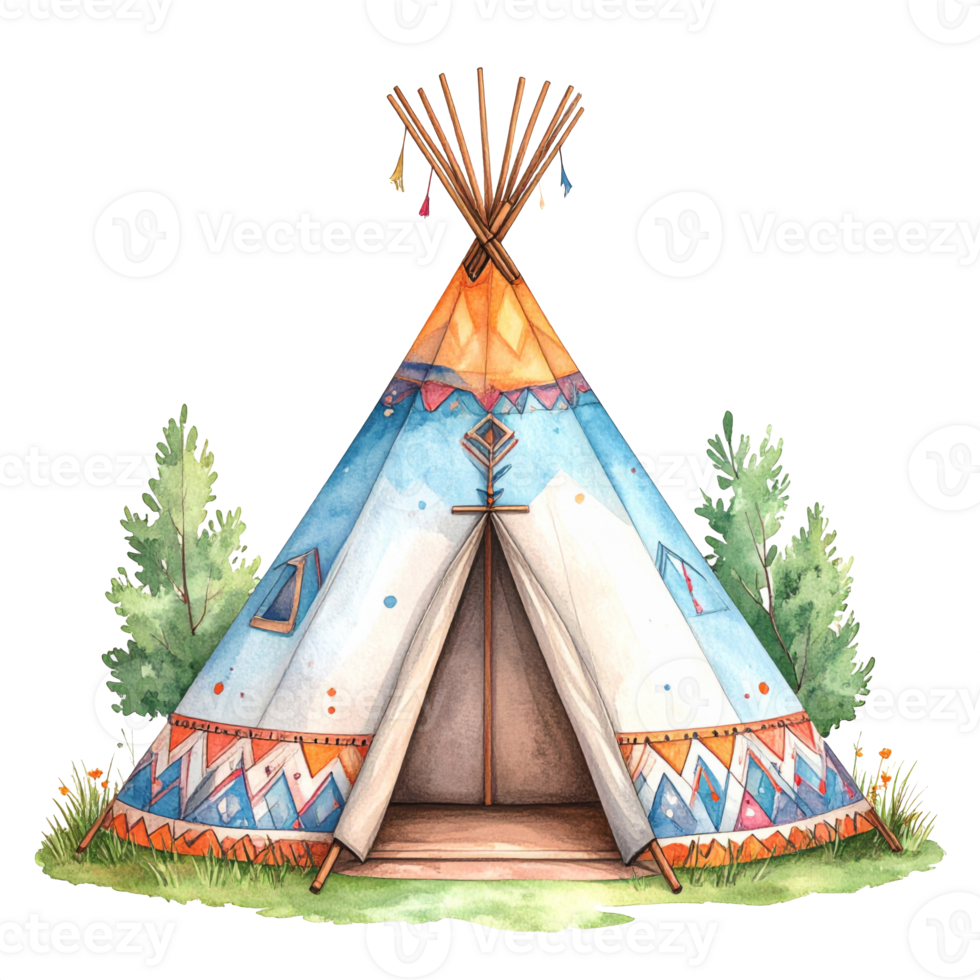 Watercolor Teepee Illustration with Geometric Patterns png