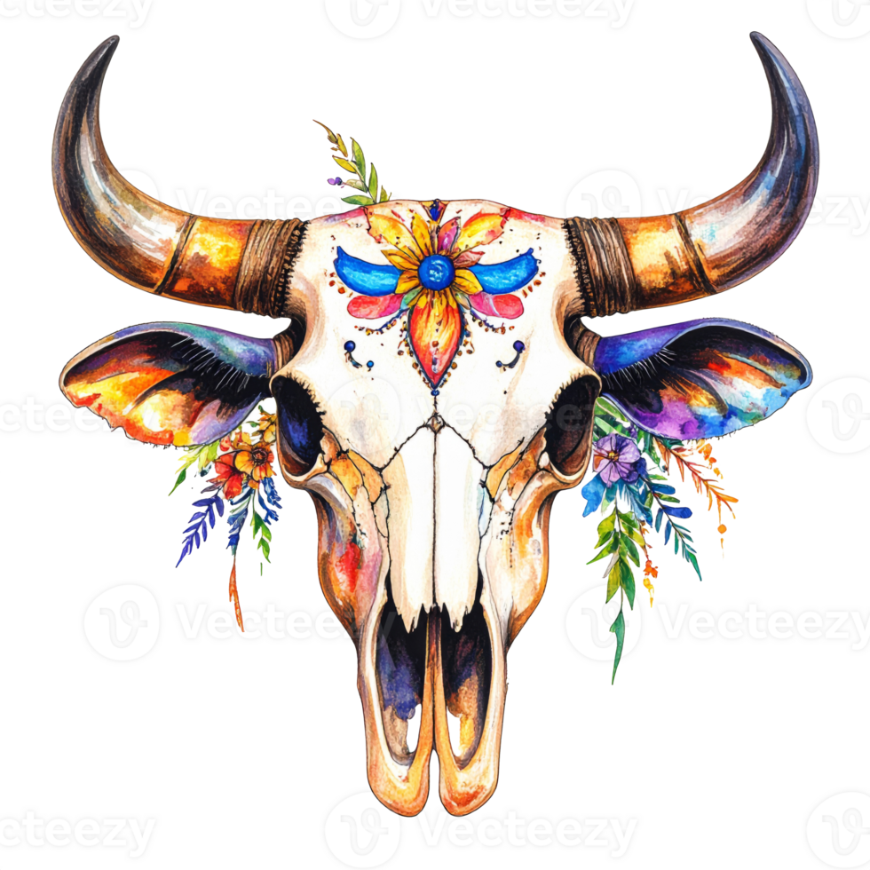 Watercolor Bull Skull with Vibrant Floral Design png