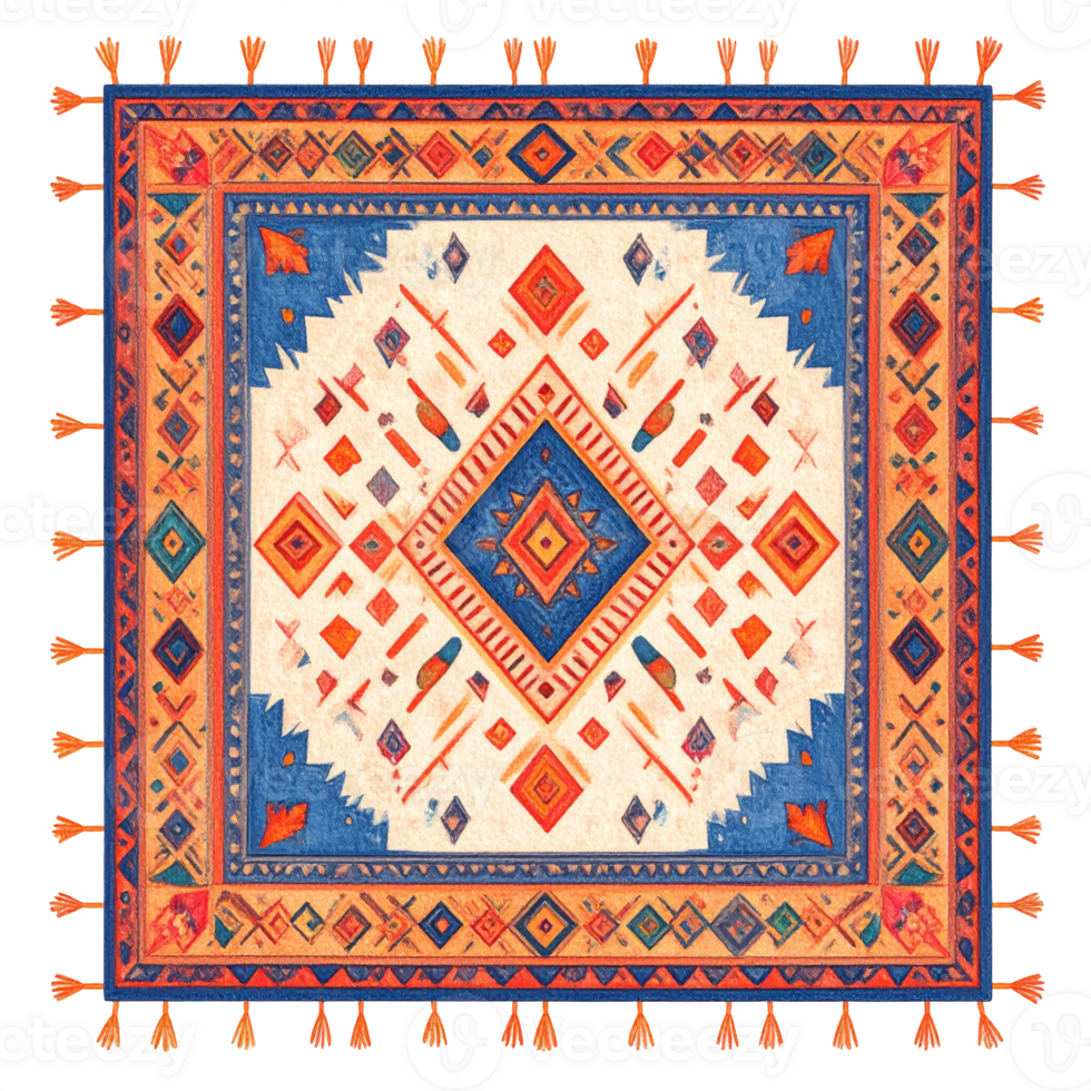 Colorful Geometric Rug with Ethnic Pattern and Fringes png
