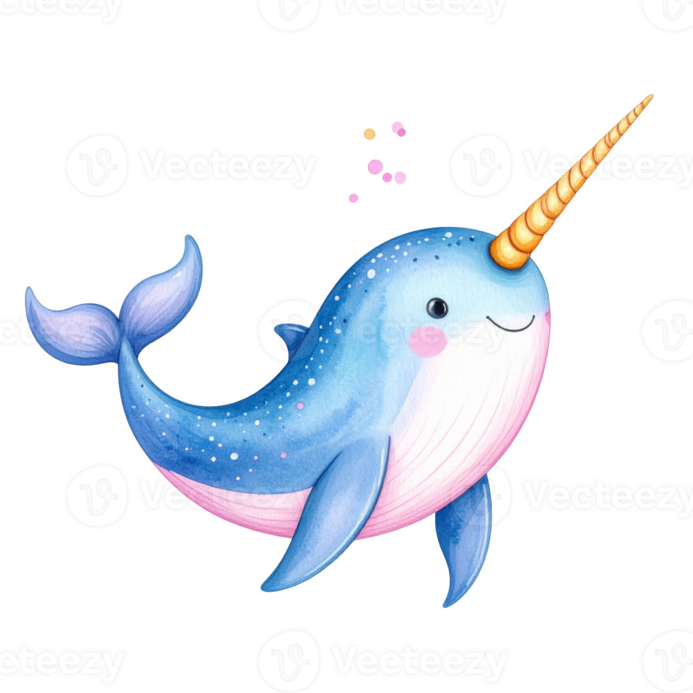 Cute Blue Narwhal with Gold Horn Watercolor Illustration png