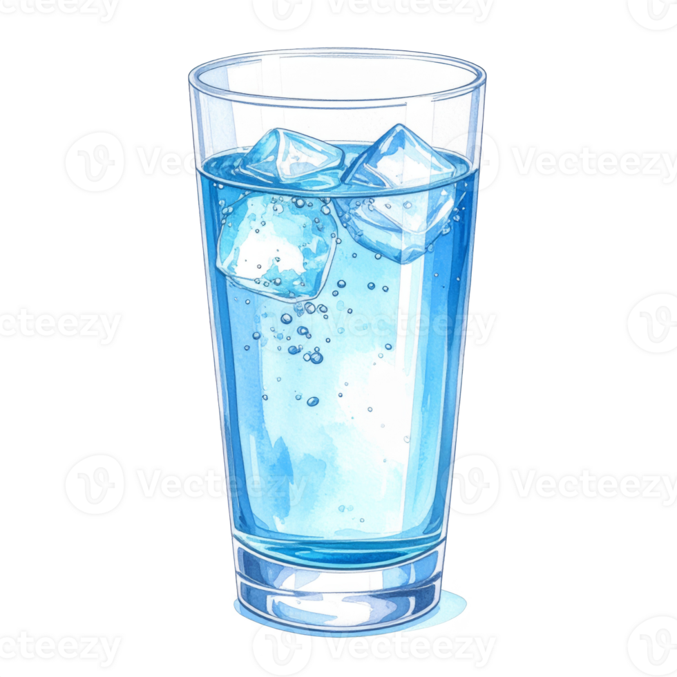 Water in Glass with Ice Cubes Watercolor Illustration png