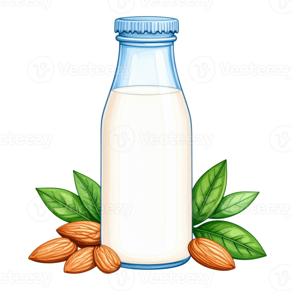Glass Bottle of Almond Milk with Almonds and Leaves png