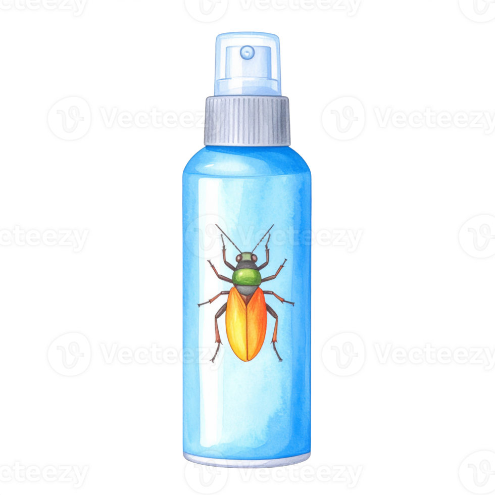 Blue Spray Bottle with Orange and Green Insect Illustration png