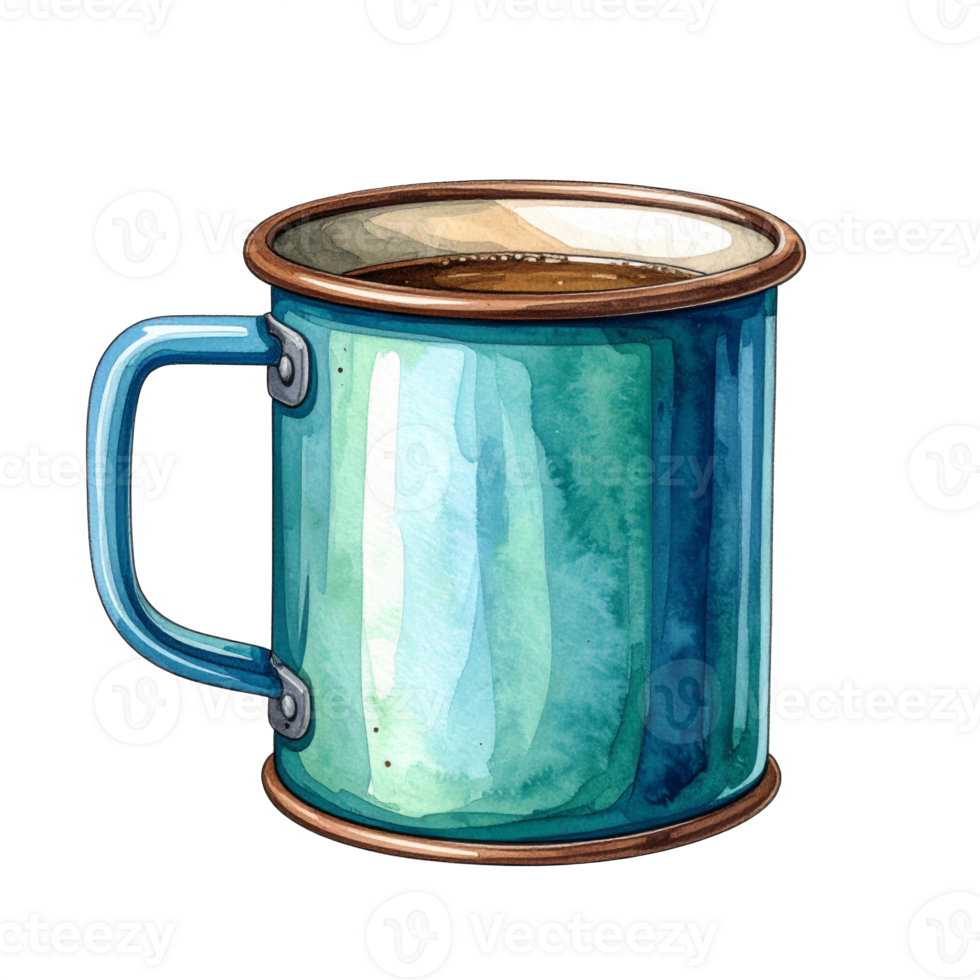Teal Enamel Mug with Coffee Watercolor Illustration png
