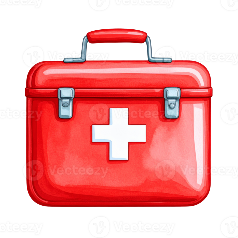 Red Metal First Aid Kit with White Cross on Transparent Background png