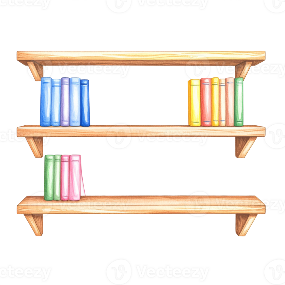 Wooden Bookshelf with Colorful Books png