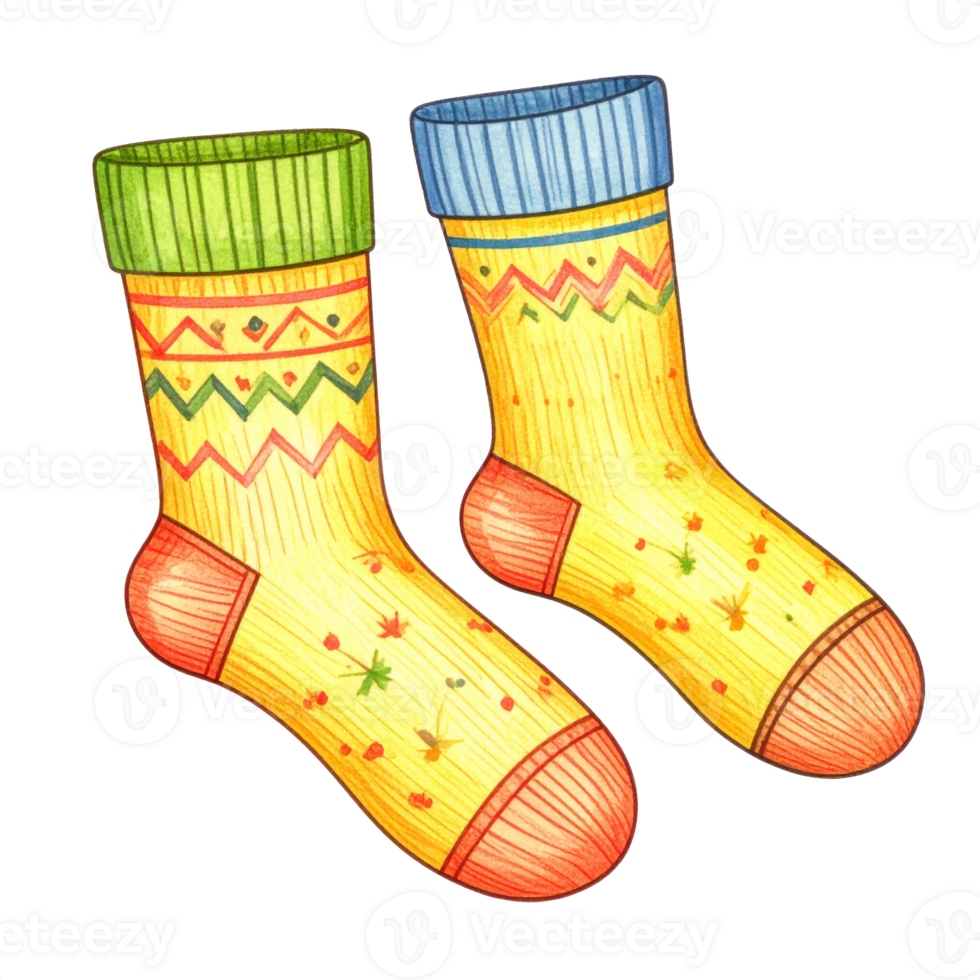 Pair of Yellow Knit Socks with Colorful Patterns png
