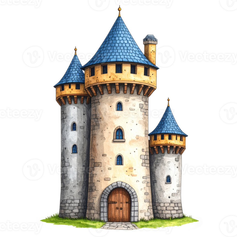 Fairytale Stone Castle with Blue Towers Illustration png