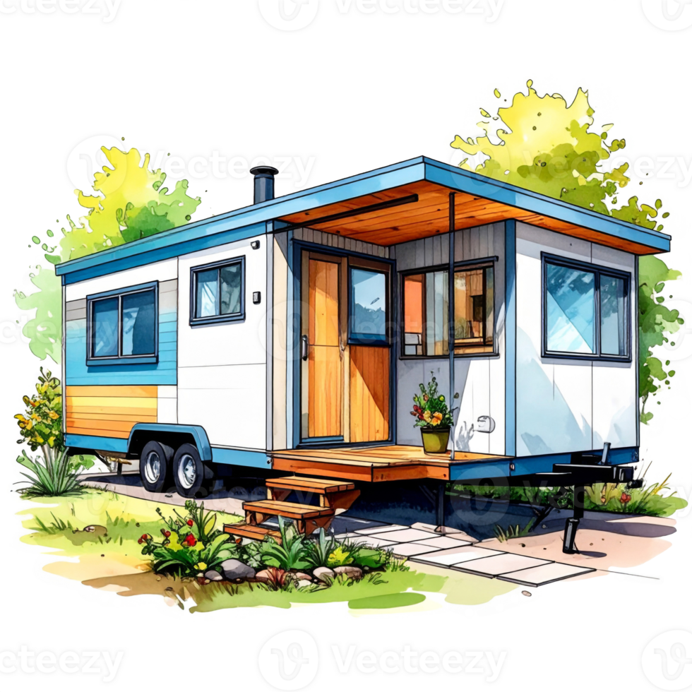 Watercolor Illustration of a Tiny House on Wheels png