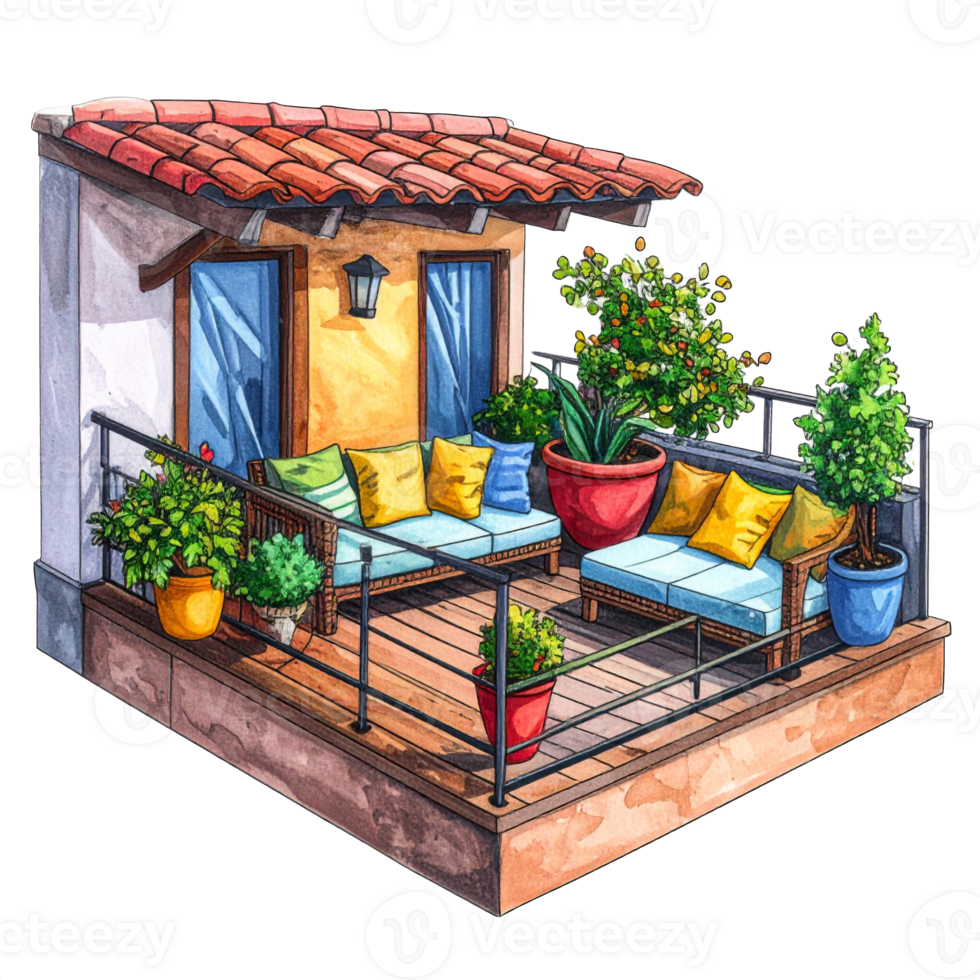 Cozy Watercolor Balcony with Colorful Plants and Furniture png
