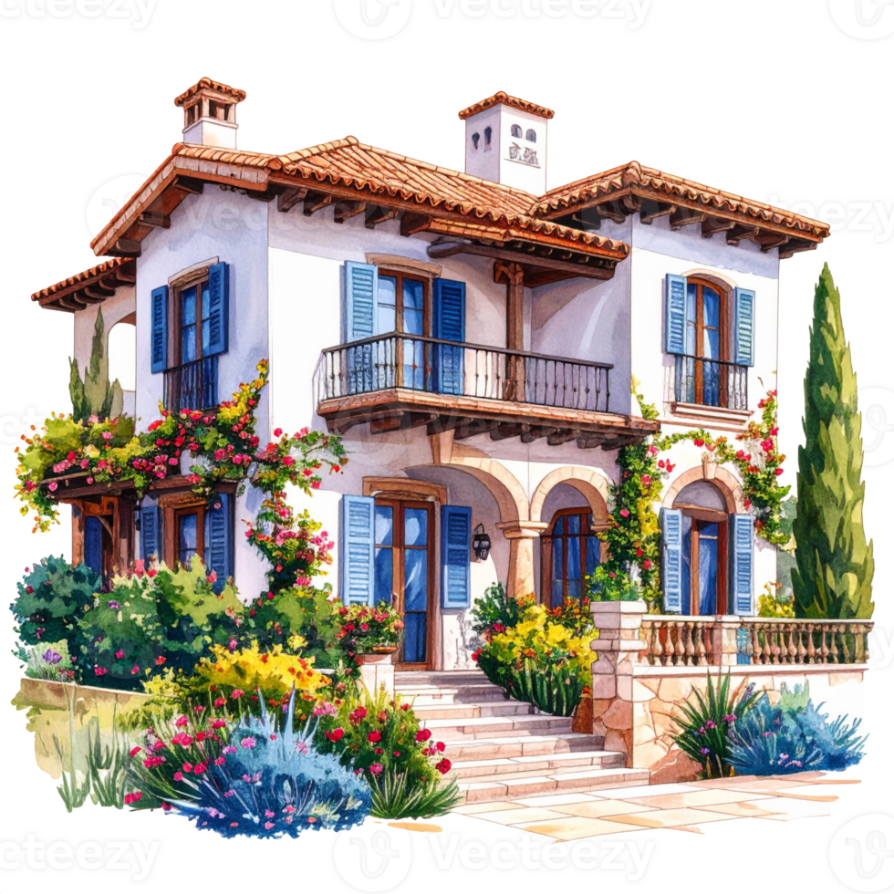 Mediterranean Style White Villa with Blue Shutters png