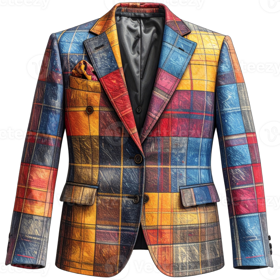 Colorful Patchwork Blazer with Geometric Plaid Pattern png
