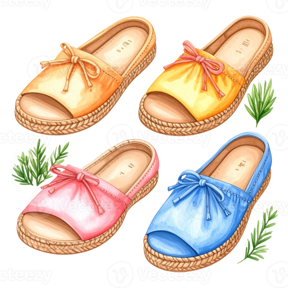 Watercolor Illustration of Four Colorful Summer Sandals png