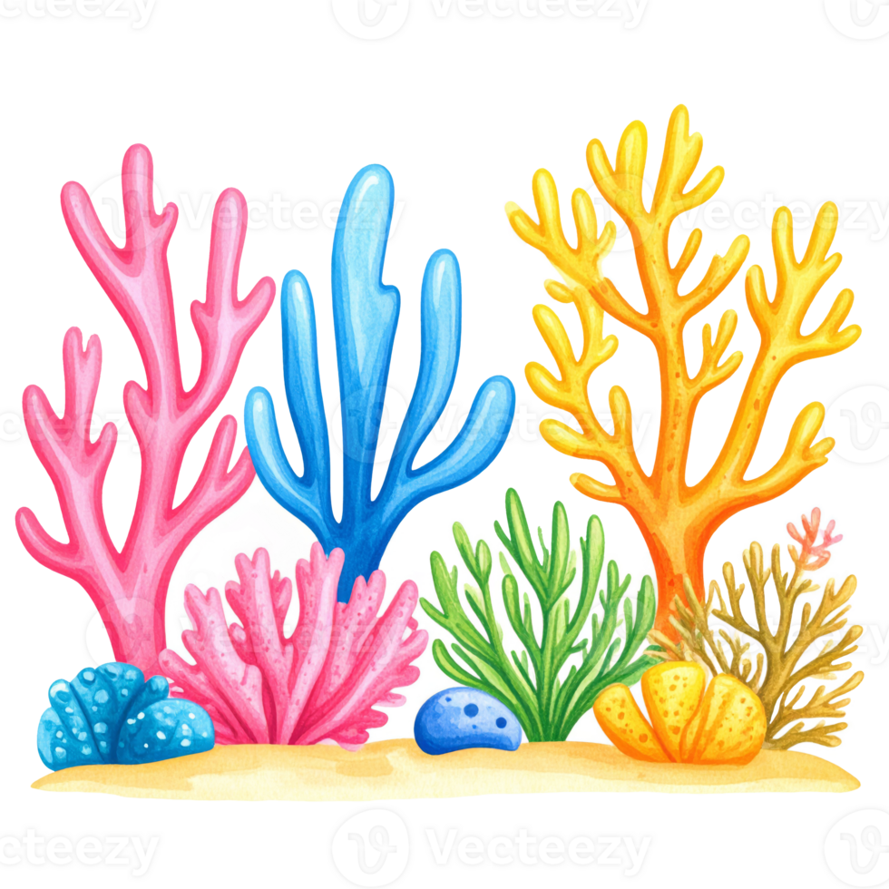 Vibrant Pink Blue Yellow Green Coral Reef Illustration png