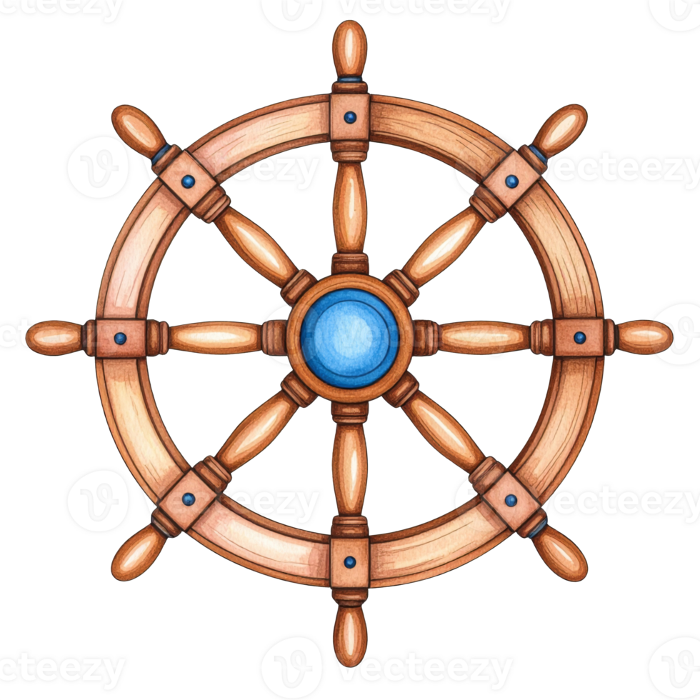 Brown Wooden Ship Wheel with Blue Center Detail png