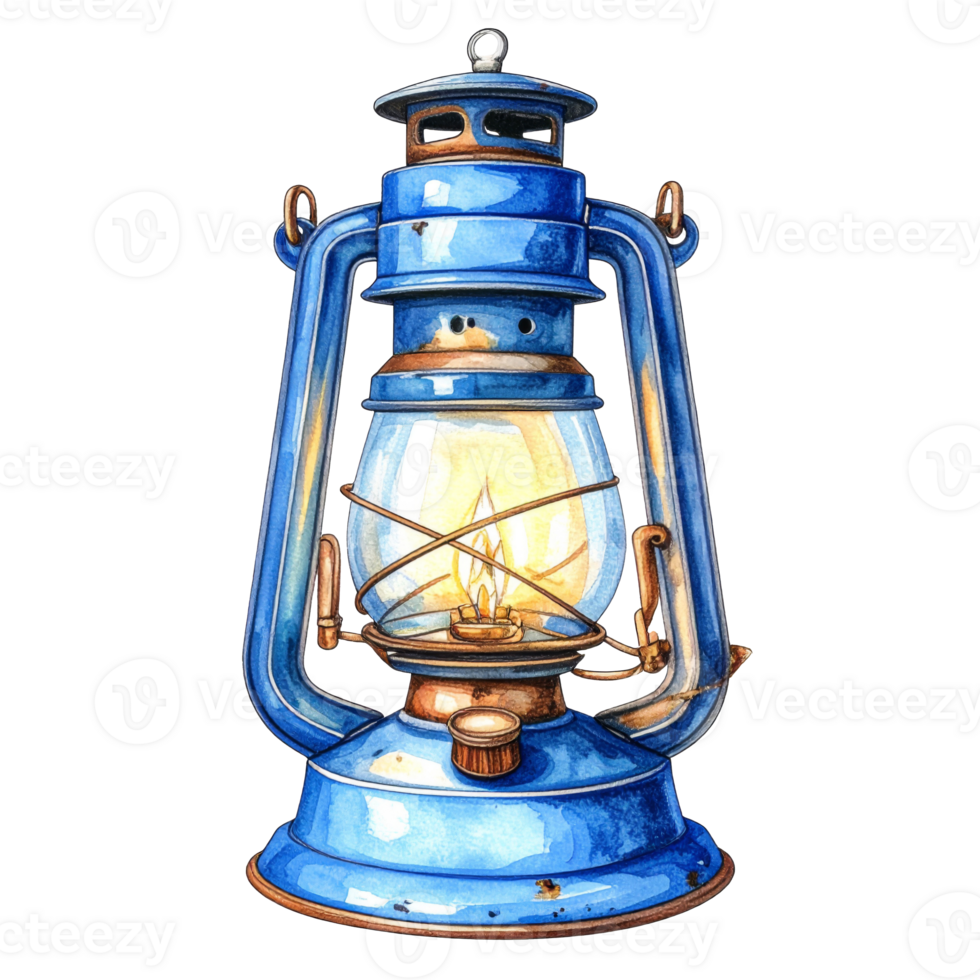 Blue Vintage Oil Lantern with Glowing Flame png