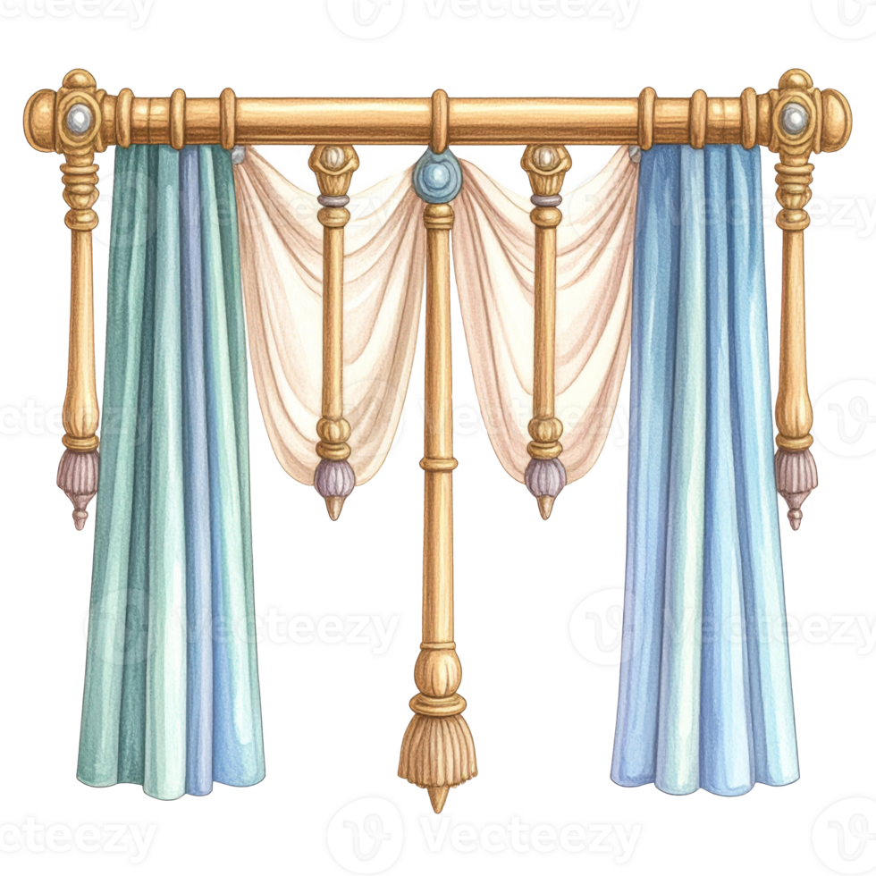 Elegant Blue Beige Curtains with Gold Pillars and Rod png