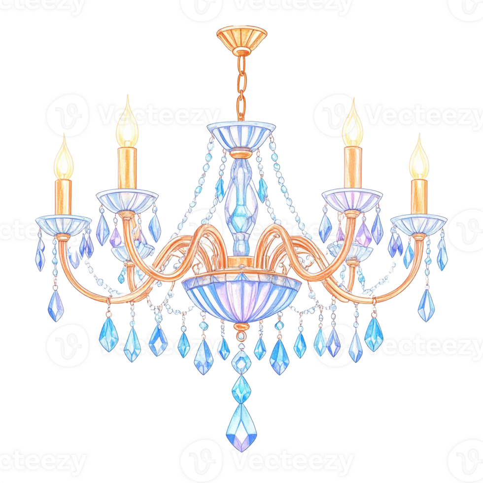 Blue and Gold Crystal Chandelier Watercolor Illustration png