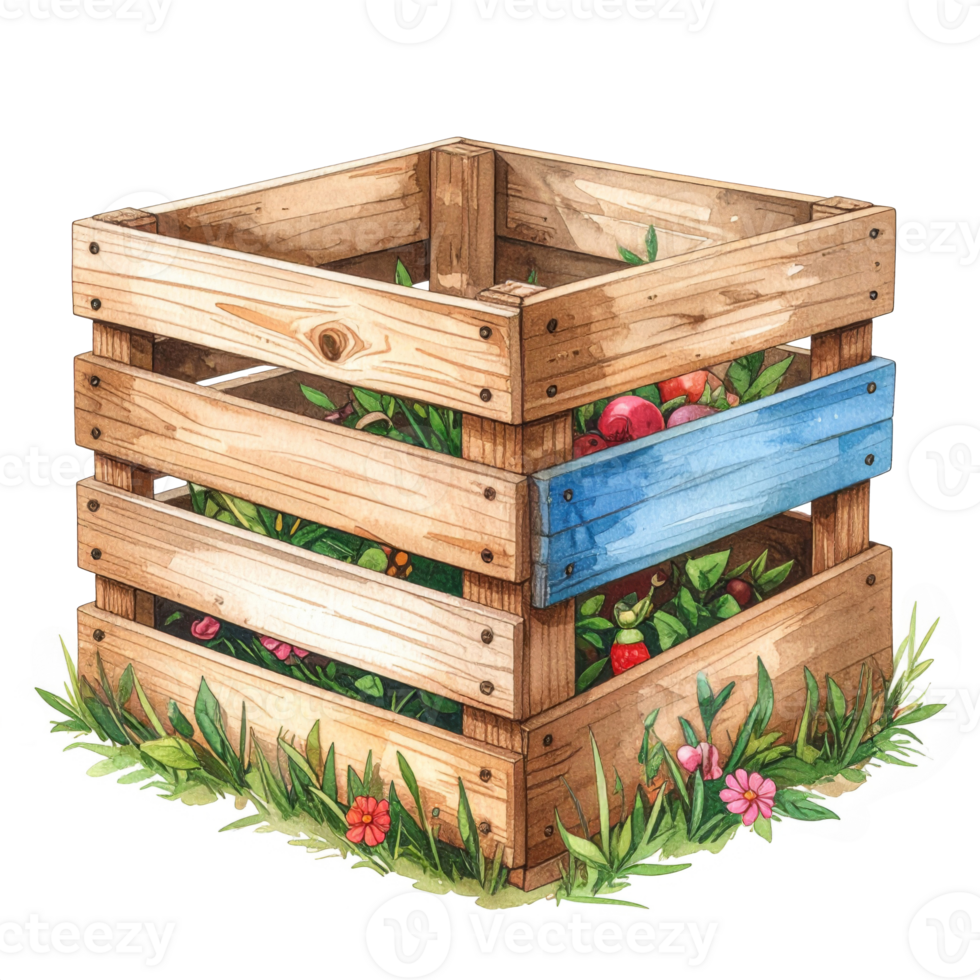 Wooden Crate Compost Bin with Growing Vegetables png