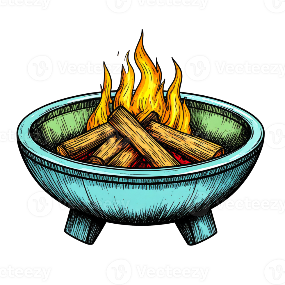 Teal Fire Pit with Burning Wood Logs Illustration png