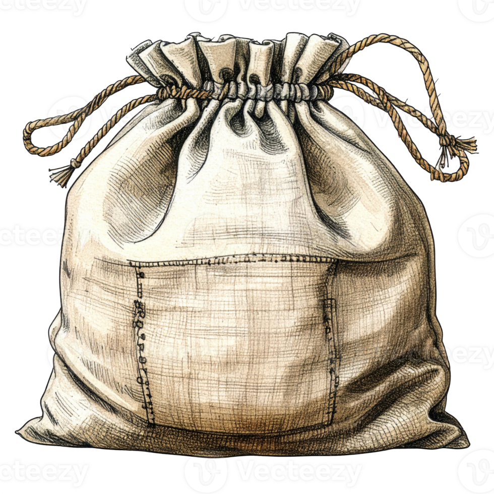 Beige Drawstring Burlap Bag with Pocket on Transparent Background png