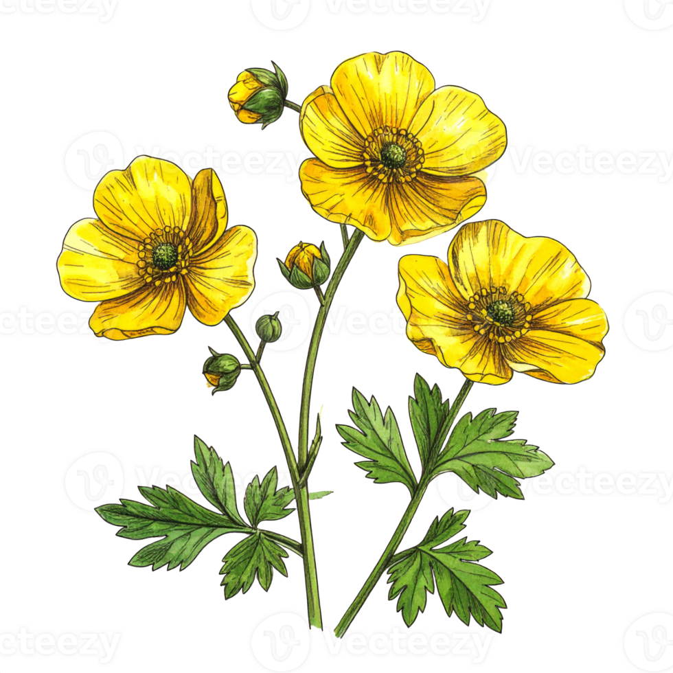 Bright Yellow Buttercup Flowers Botanical Illustration png