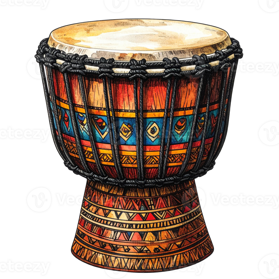 Colorful Handcrafted Wooden Drum with Vibrant Geometric Patterns png