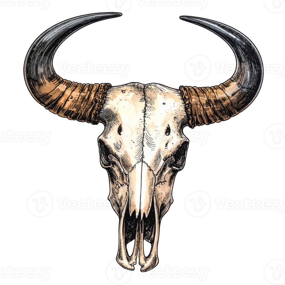 Detailed Bull Skull Illustration with Large Horns png