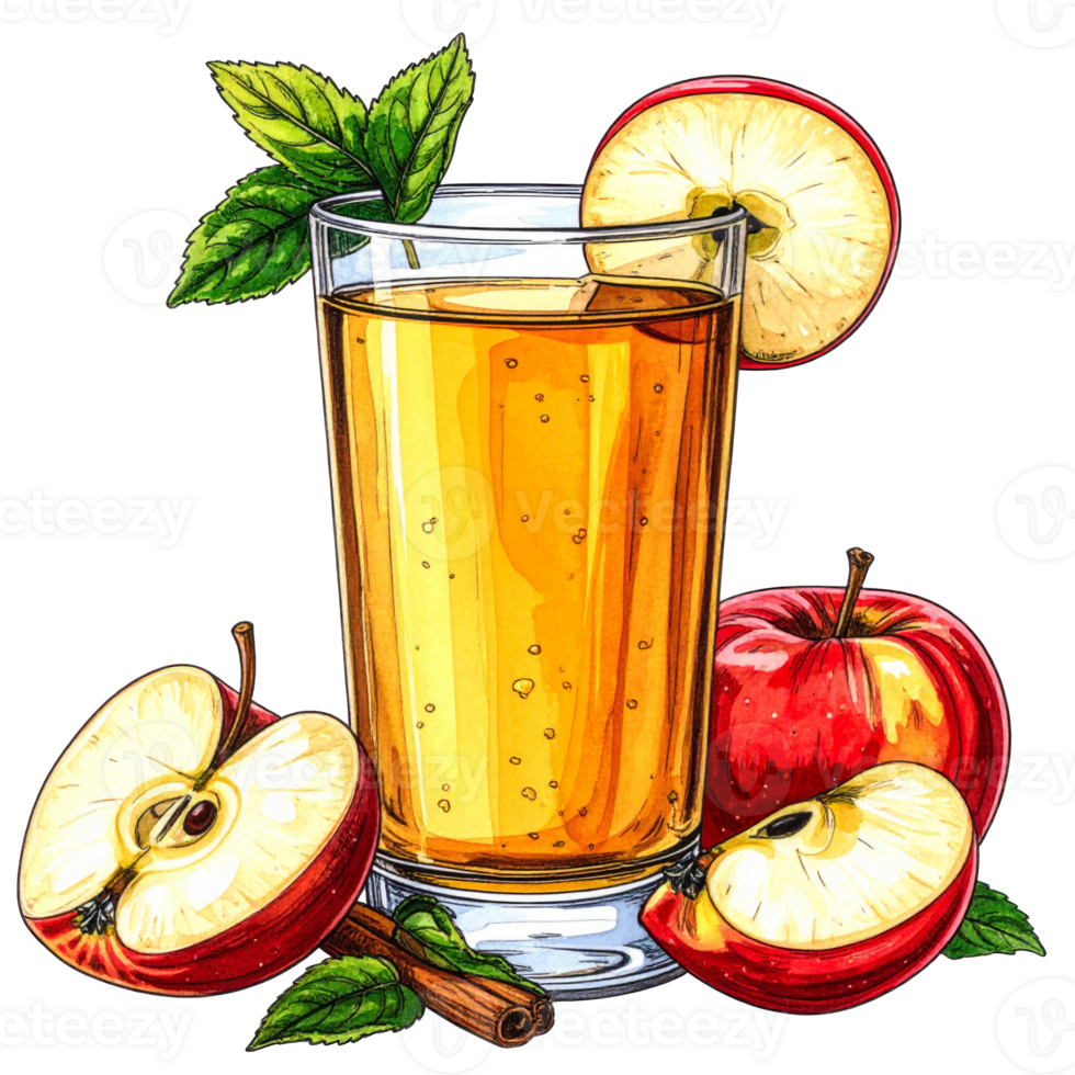 Glass of Apple Juice with Red Apples and Cinnamon png