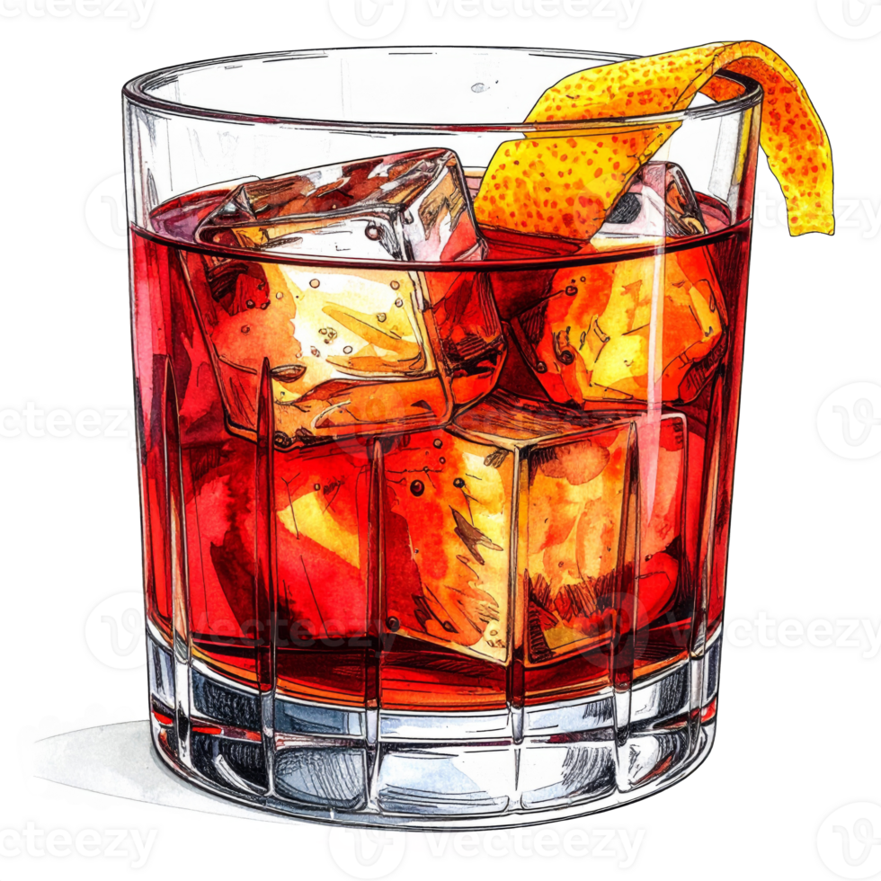 Red Cocktail with Orange Peel in Rocks Glass png